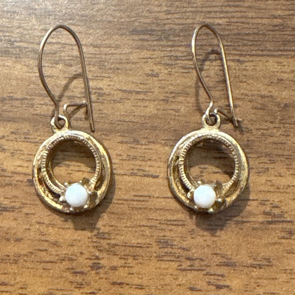 1960s Vintage Gold Tone Double Hoop Drop Earrings with White Faux Pearl Accents